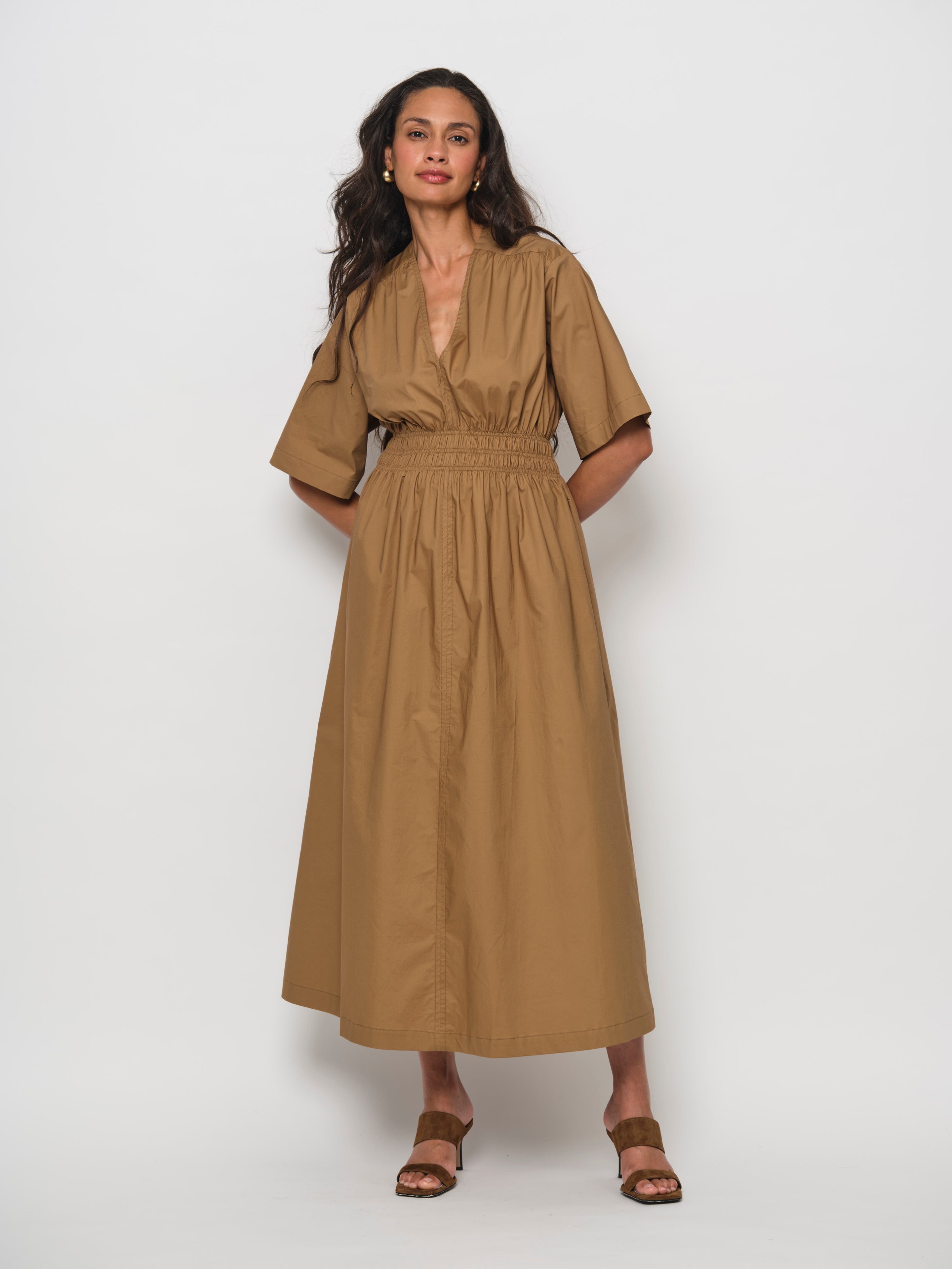 brown smock dress Short Sleeve Button Front - Round Neck, Summer - Almond neckline with flattering wrap Brown Check Tie Front Smock