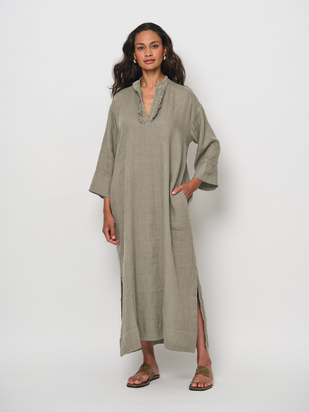 linen frill dress Women's White Linen Look Frill Shift Dress